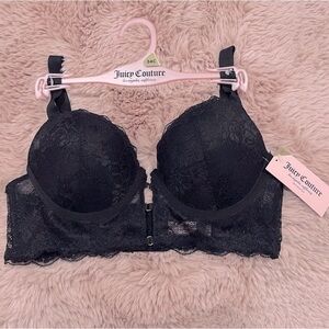Juicy Couture Black Floral Lace‎ Longline Balconette Bra Underwire Gold Ring 34C